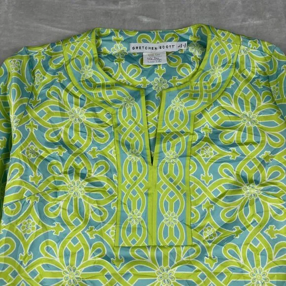 Gretchen Scott Designs Green Blue White Pattern Cotton Tunic Top Sz Large spring - Picture 3 of 9